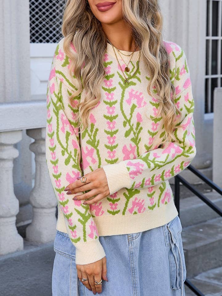 Floral Jacquard Colour-Block Crewneck Knitted Sweater for wholesale by Rosa Clothing