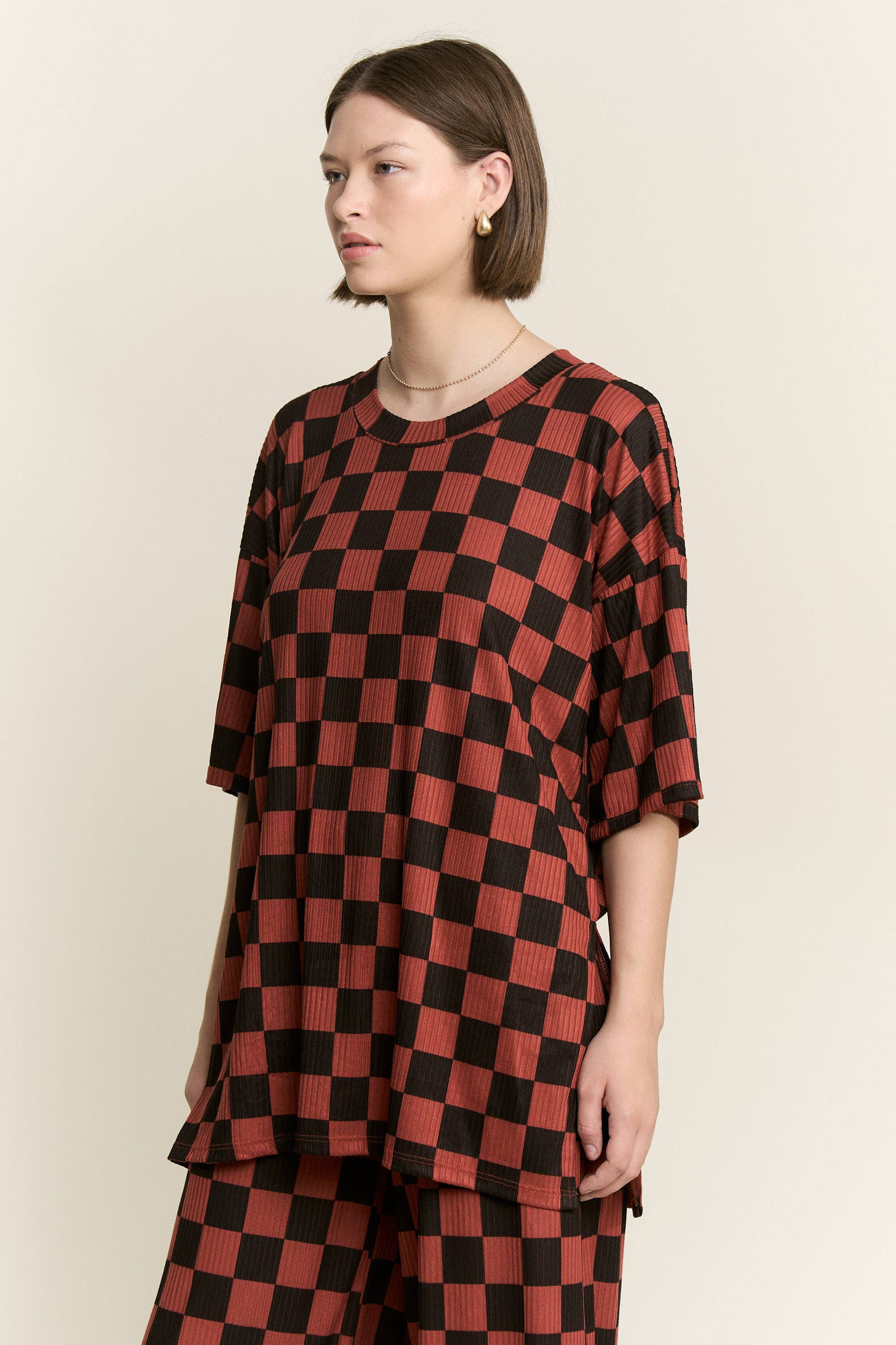 JADE BY JANE - Wholesale Lounge Set - Women's - RIBBED CHECKERED PRINT TOP/STRAIGHT LEG PANTS SET37