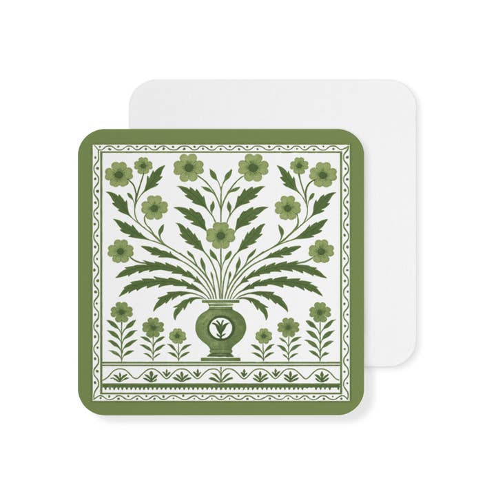 Green & White Floral Pulpboard Coaster Set of 8 for wholesale by Design Carolinas
