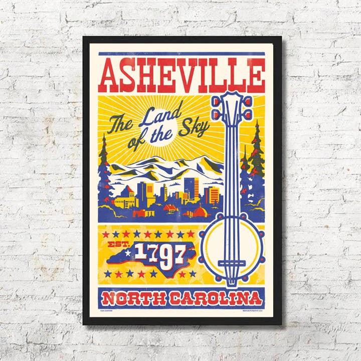 Asheville Rustic Letterpress Style Art Print Wall Decor Gift for wholesale by Red Robot Design & Illustration