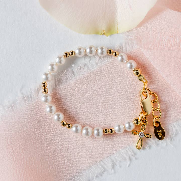 Cherished Moments - Wholesale Beaded Bracelet - Kids - 14K Gold-Plated Baby Cross Bracelet - Baptism Communion Gift