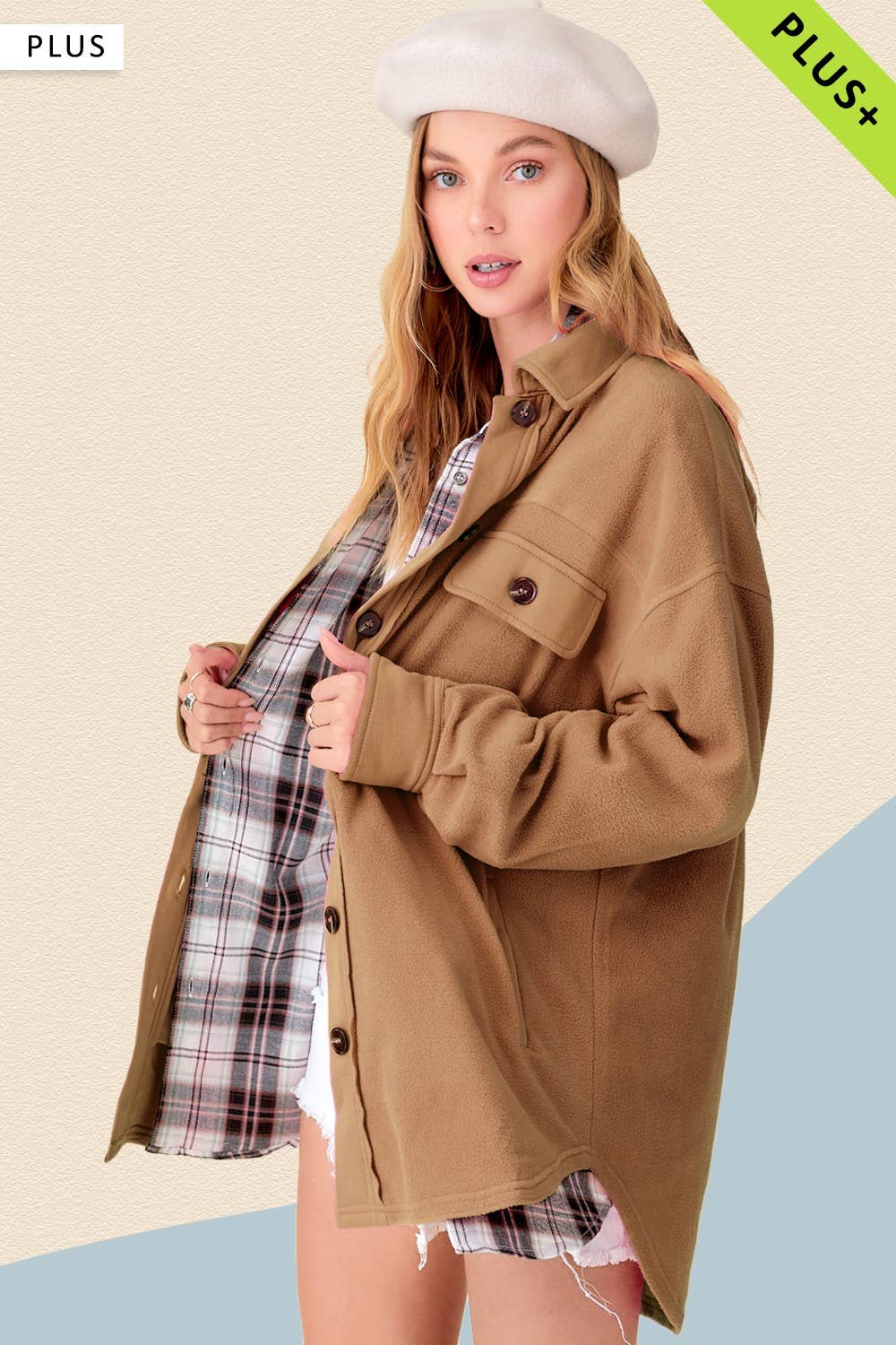 La Miel - Wholesale Shirt Jacket/Shacket - Women's - JKT1712P-Plus Size Loose Fit Button Down Fleece Shacket13