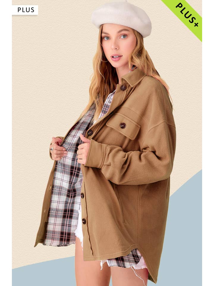 La Miel - Wholesale Shirt Jacket/Shacket - Women's - JKT1712P-Plus Size Loose Fit Button Down Fleece Shacket13