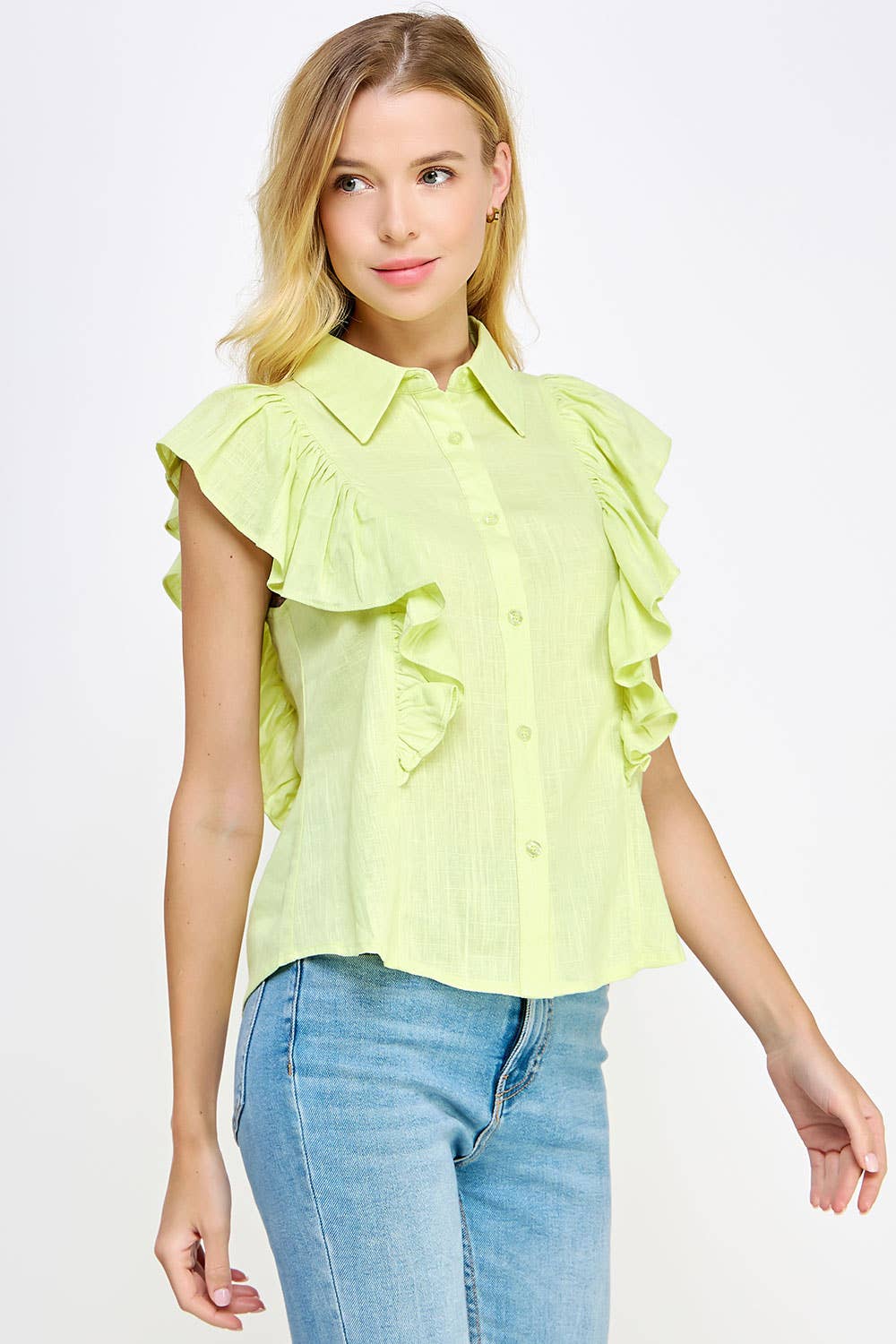 Strut & Bolt - Venta al por mayor Camisa con botones - Mujer - Blusa de lino sin mangas con volantes en los hombros8