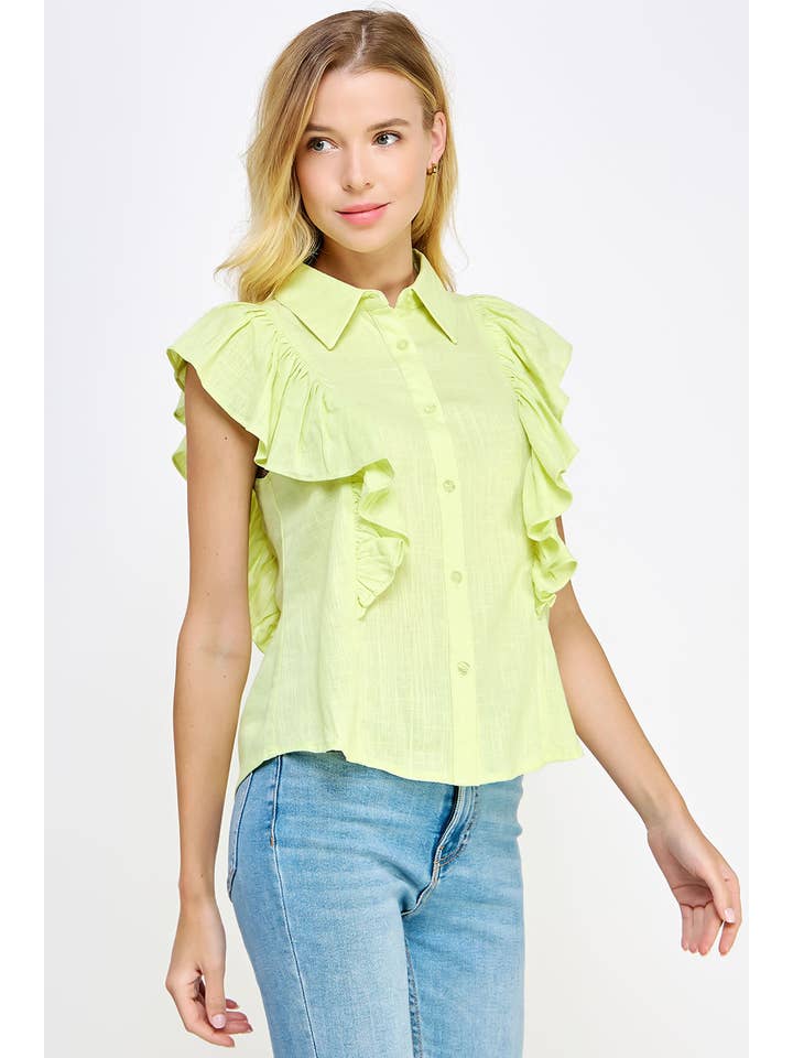 Strut & Bolt - Venta al por mayor Camisa con botones - Mujer - Blusa de lino sin mangas con volantes en los hombros8