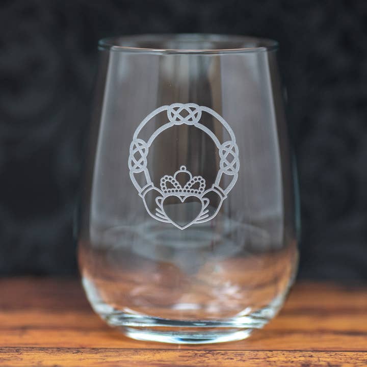 Claddagh Ring Irish Etched Drinkware Barware for wholesale by Gifts of Glass & Wear