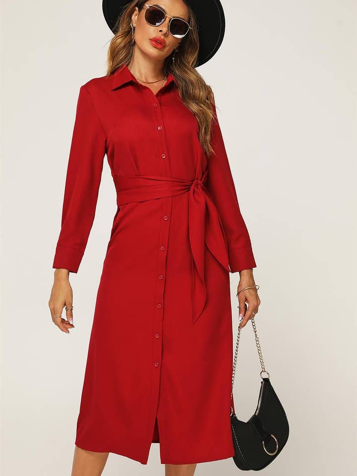 FS Collection - Wholesale Dress - Women's - Wine Red Midi Shirt Dress With Tie Waist