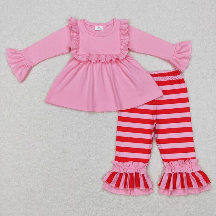 Wholesale Baby Girls Pink Ruffle Tunic Top Stripes Pants Clothing