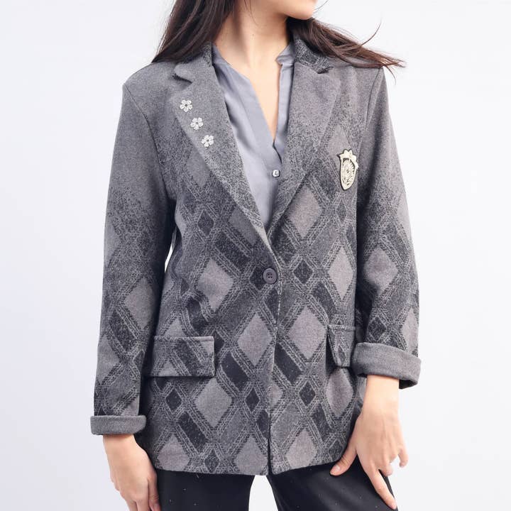 Grey Plaid blazer with flowers and CVA524809 patch for wholesale on Faire1