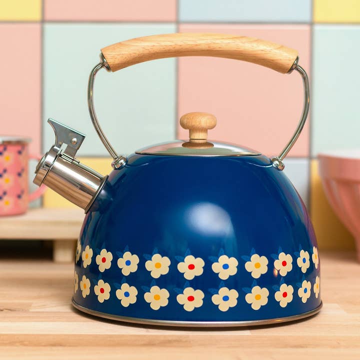 2.5L Whistling Kettle Stainless Steel Midnight Navy Blue Floral - Enamelhappy for wholesale by Enamelhappy