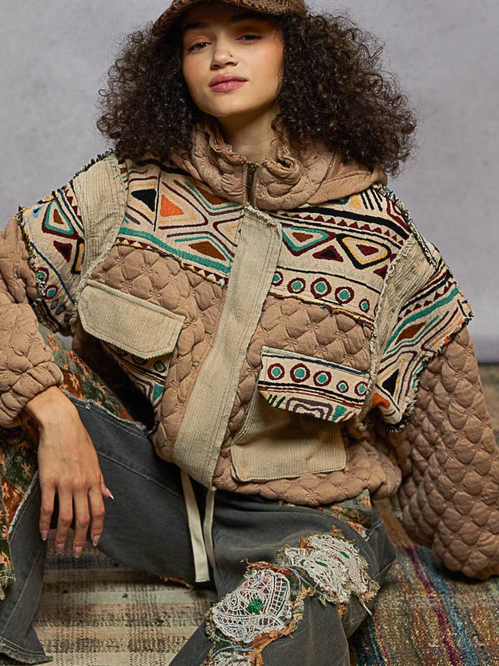 Oversize floral print contrast qulited jacket for wholesale by Pol Clothing