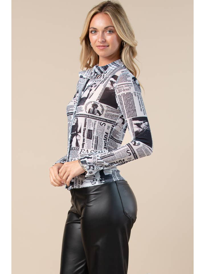 T1489-5944-Hera Newspaper Print Mesh Button Top for wholesale on Faire