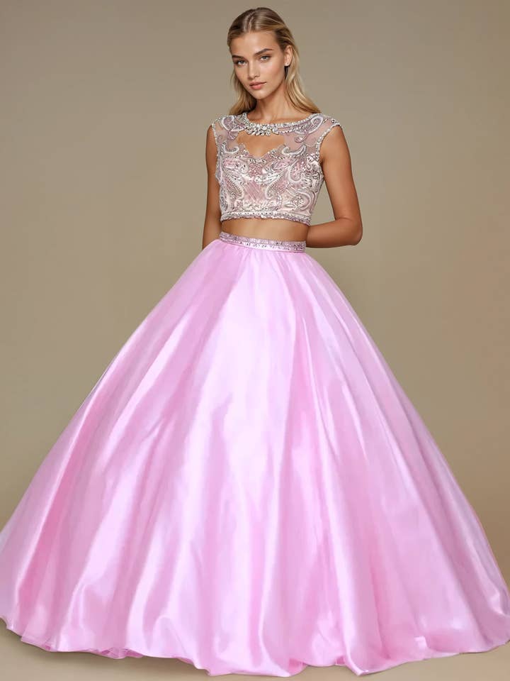 ZWEITEILIGES, PERLENBESETZTES, HOCHGESCHNITTENES BALLKLEID MIT BALLSAALROCK für den Großhandel von Juliet