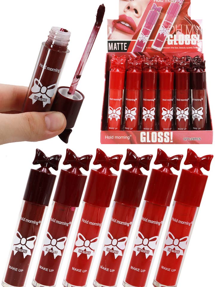 Red Ribbon Bow Top Glossy Lip Gloss - 24 Pcs for wholesale by Cap Zone