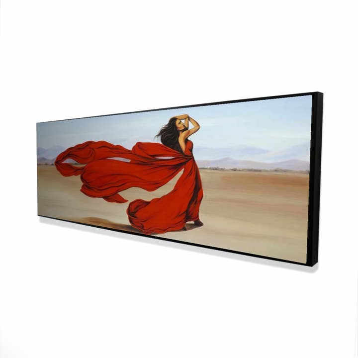 Woman with a long red | framed print on canvas 16" x 48" for wholesale by BEGIN HOME DECOR