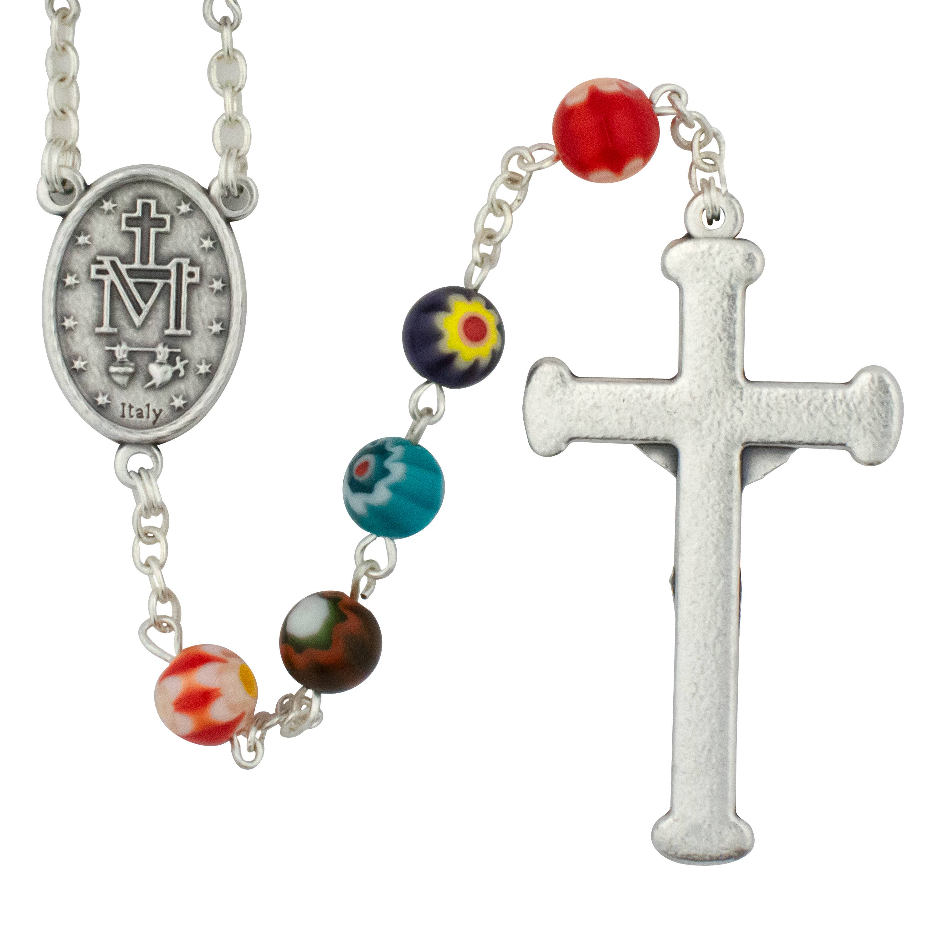 Village Gift Importers - Wholesale Prayer Beads Necklace - Colorful Glass Rosary Beads with Miraculous Medal Center1