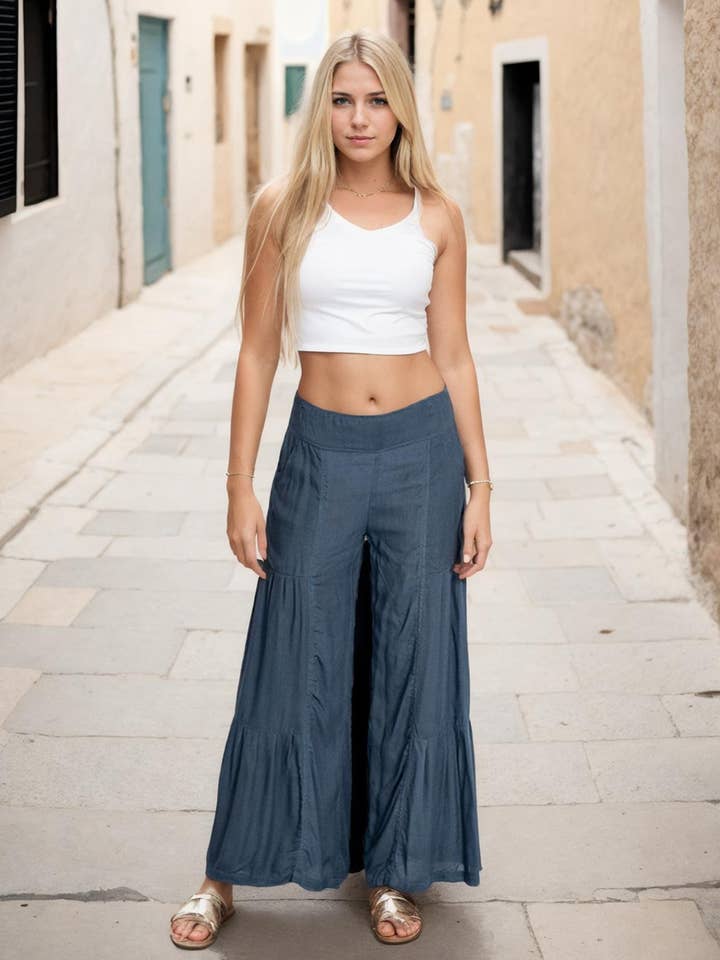 Ethnic Grey Viscose Pants with Elastic Waist for wholesale by Kimago Look