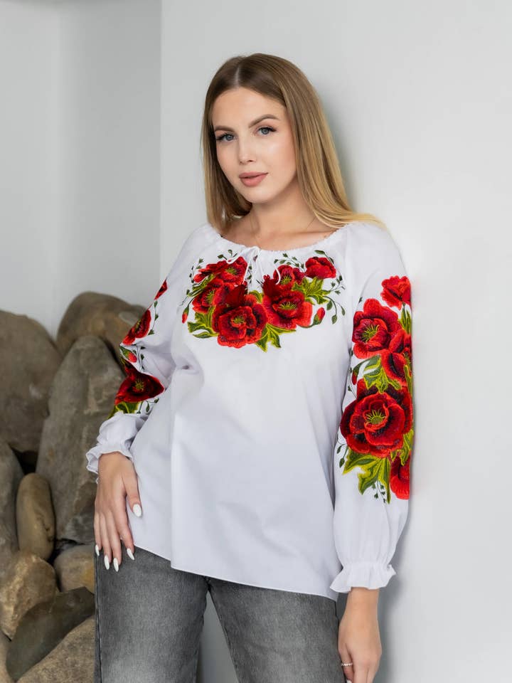 Blusa Ricamata Boho Donna Rujenia Bianco & Rosso per la vendita all'ingrosso da parte di Galychanka