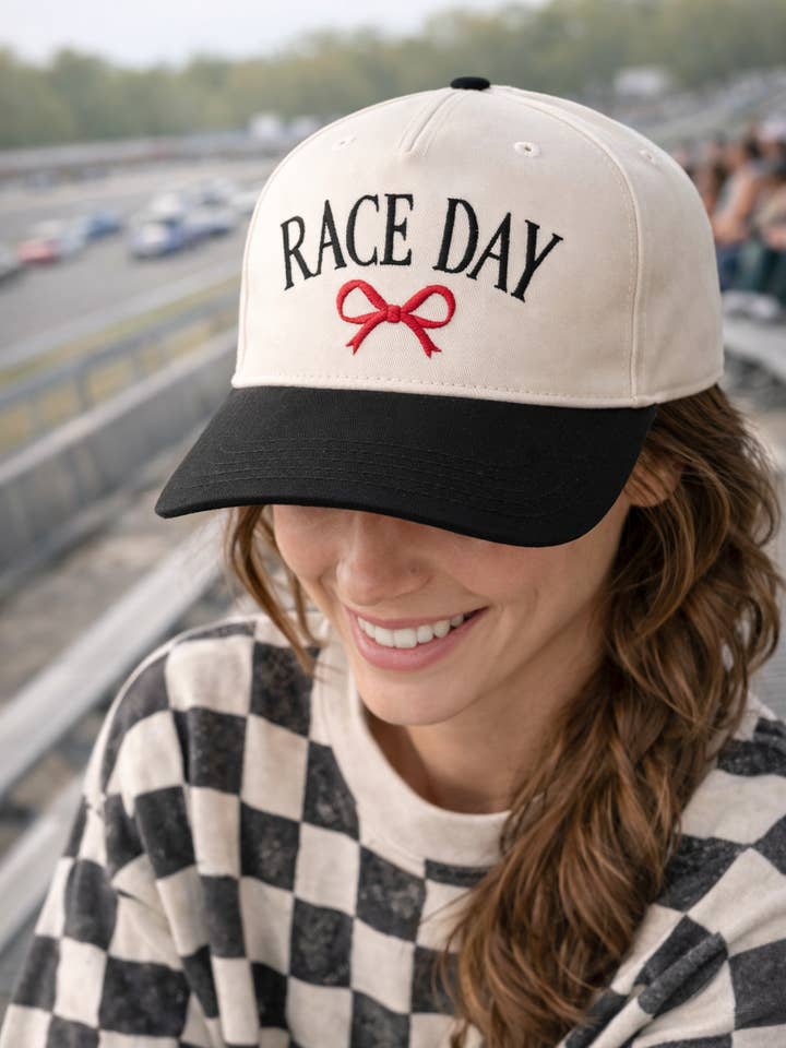 Race Day Embroidered Baseball Hat for Mom with bow trucker for wholesale by Ginger And Thread