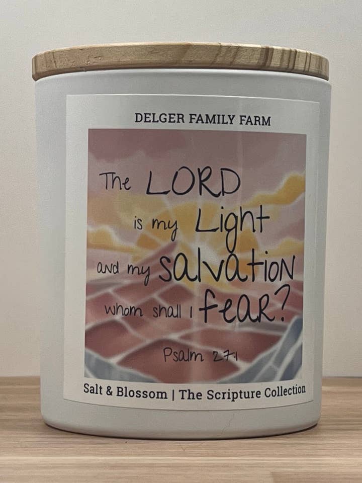 Salt & Blossom Scripture Candle for wholesale by Delger Family Farm