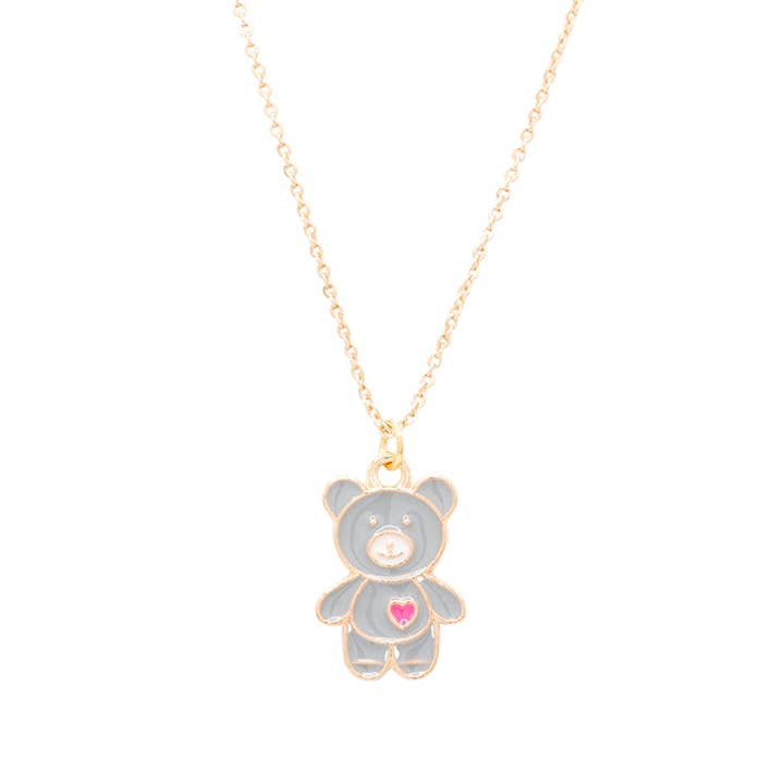Teddy Bear with Heart Enamel Charm Necklace Children's Gift for wholesale by Rebecca Accessories LLC