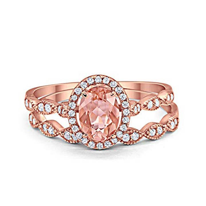 Halo Bridal Set Piece Oval Rose Tone, Simulated Morganite CZ Ring for wholesale by Blue Apple Imports