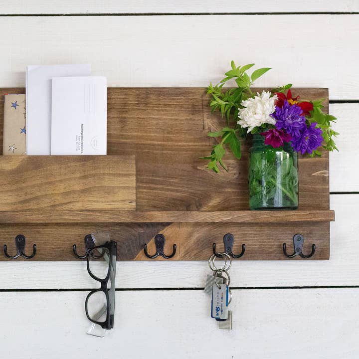 Solid Front Mail Holder with Shelf and Key Hooks. for wholesale by The McGarvey Workshop