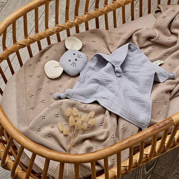 Over the Dandelions - Wholesale Security/cuddle blanket – Baby - Organic Muslin Mouse Lovey Frost with Milk ears1