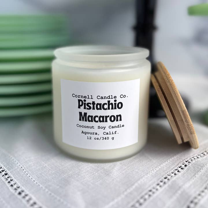 Pistachio Macaron 12 oz. Coconut Soy Candle for wholesale by Cornell Candle Co.