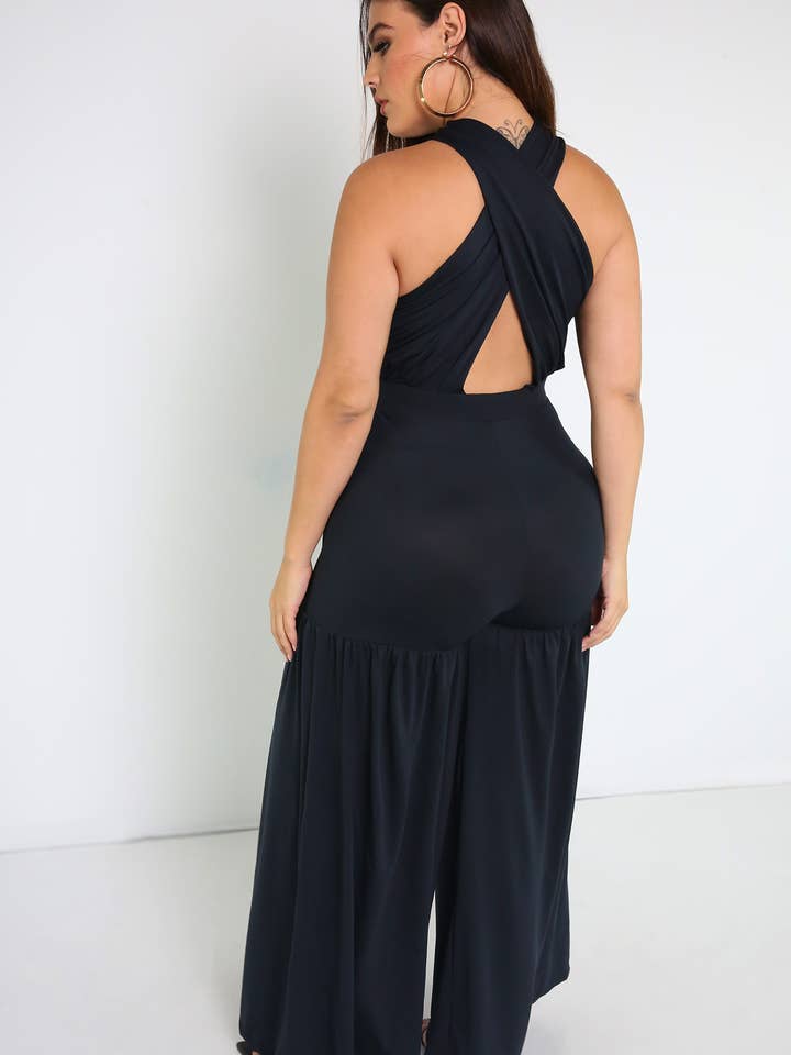 Black Memories Crossover Ruffled Jumpsuit for wholesale on Faire3