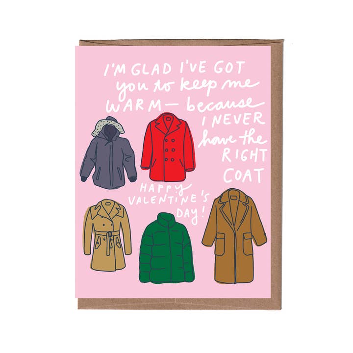 Perfect Coat Valentine's Day Greeting Card for wholesale by La Familia Green