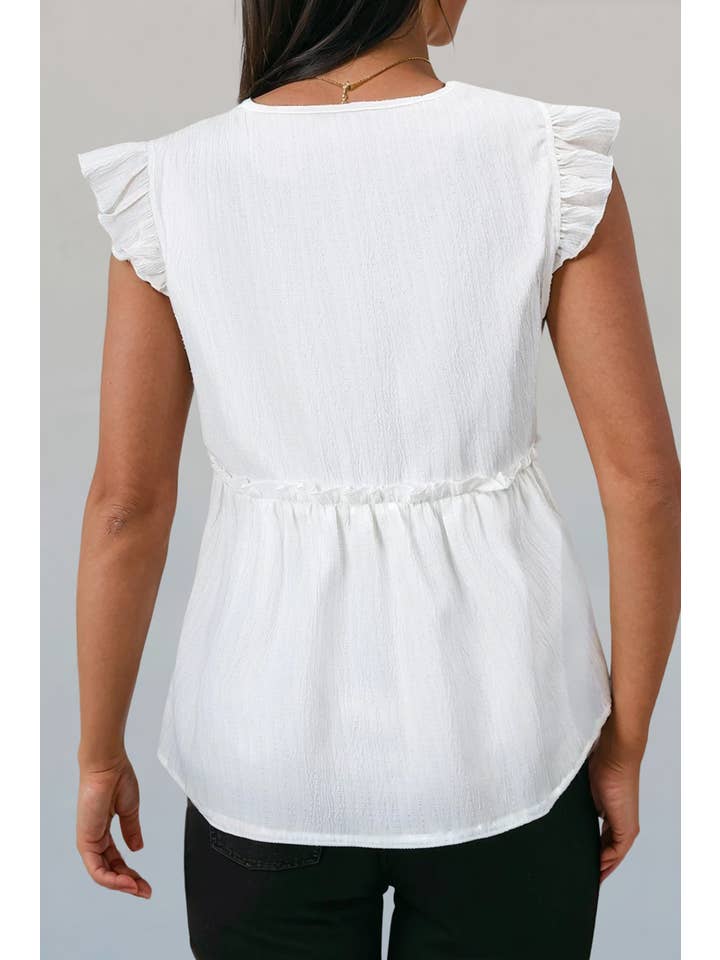 As shown Textured Ruffled Trim Flutter Flowy Top | S-XL for wholesale on Faire