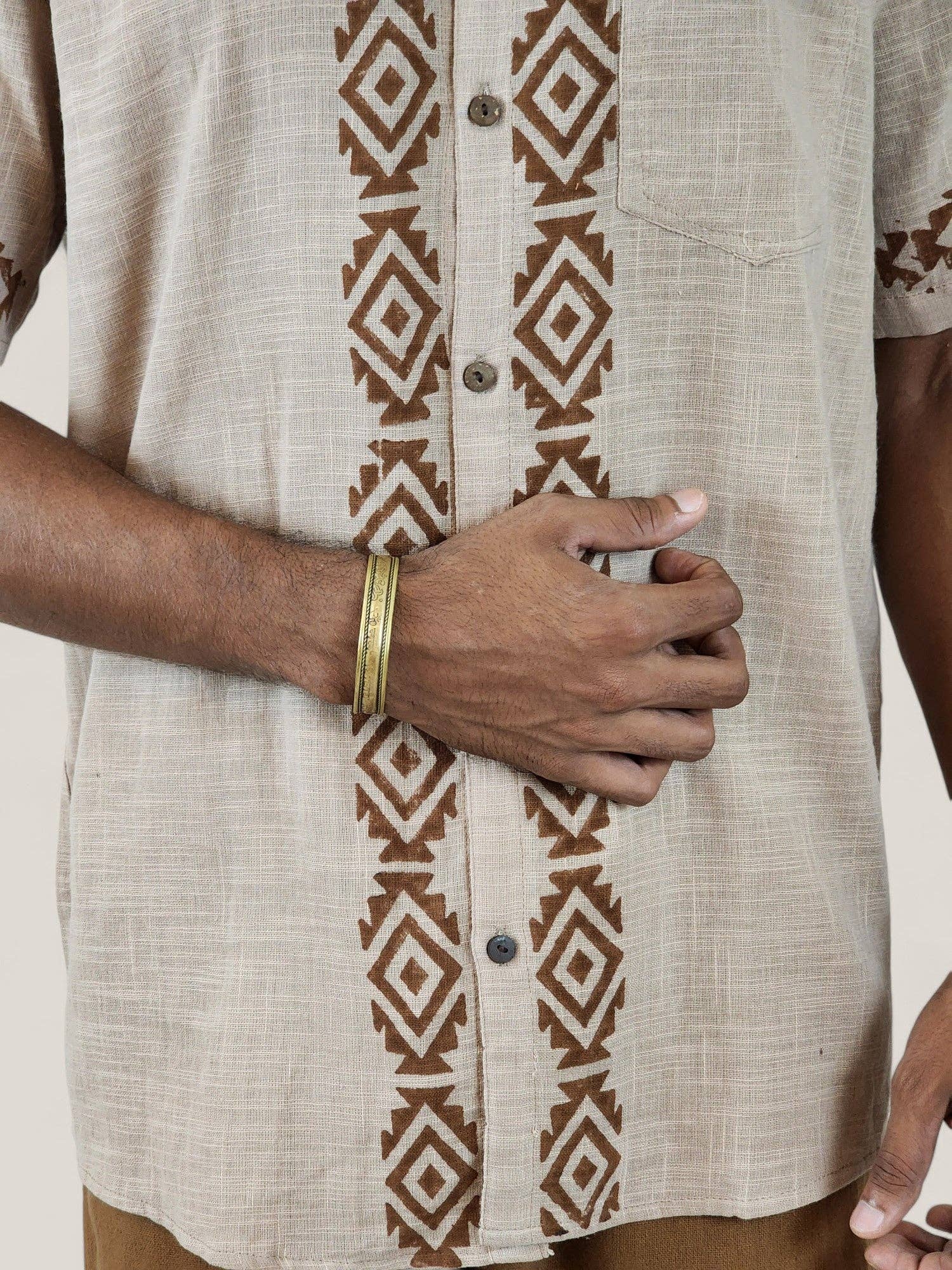 Sacred Ceremony - Wholesale Button Down Shirt - Men's - Men's Dusty Rose Organic Linen Short Sleeve Block-Printed Button-Down Shirt7