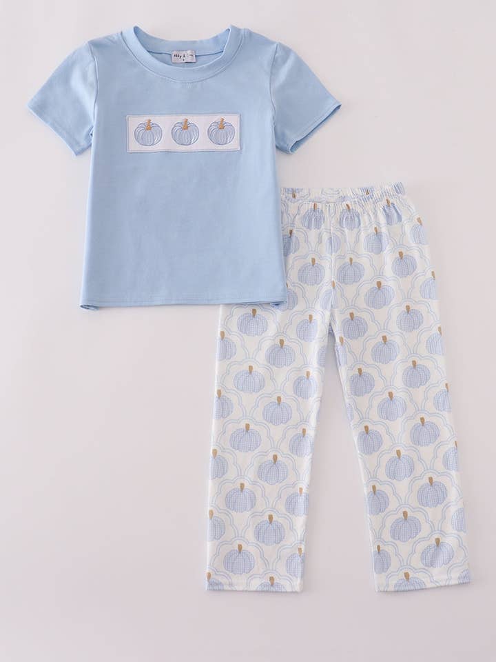 Blue pumpkin embroidery pants set for wholesale by Aspen Rain Boutique