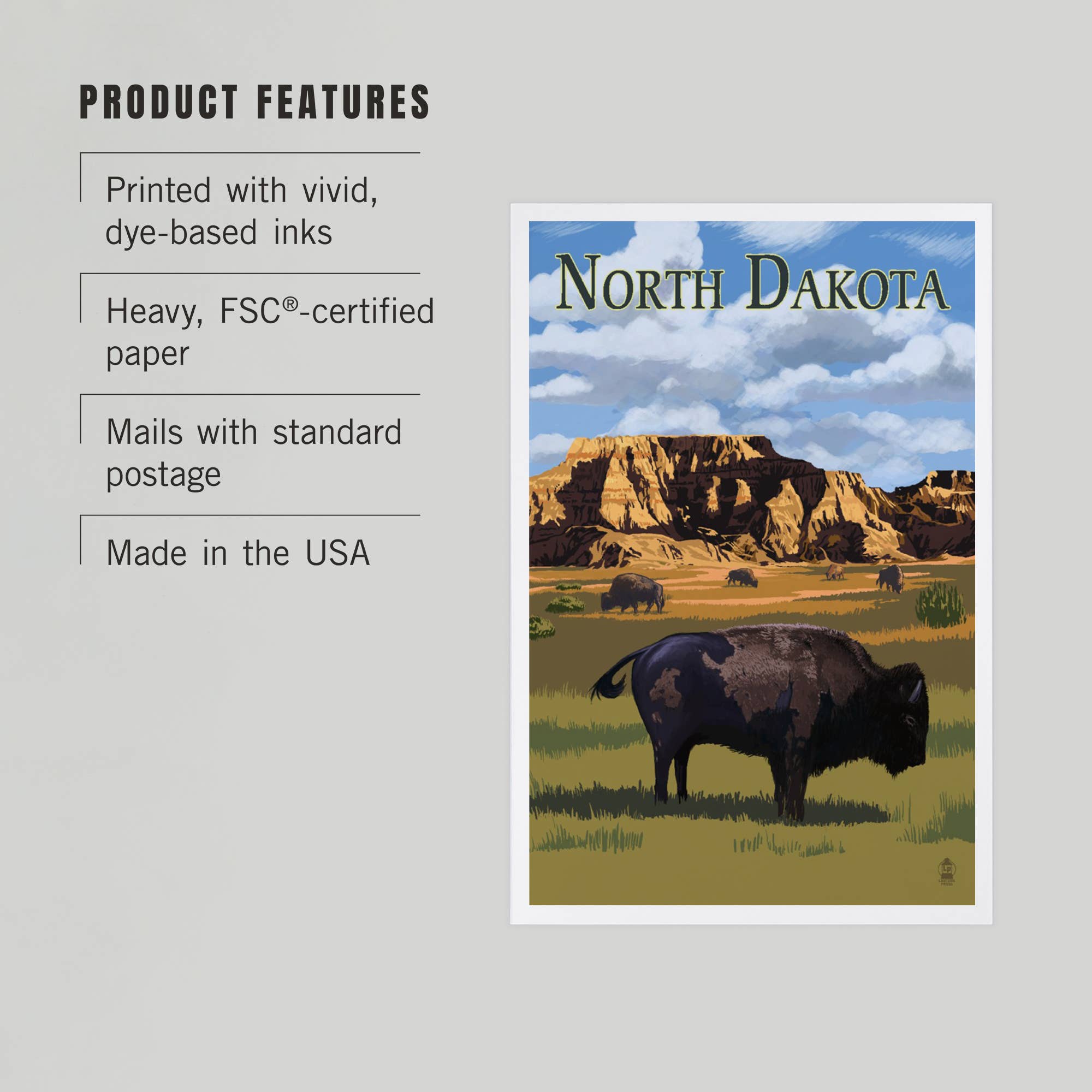 Lantern Press - Wholesale Postcard - PREMIUM POSTCARDS North Dakota, Bison2