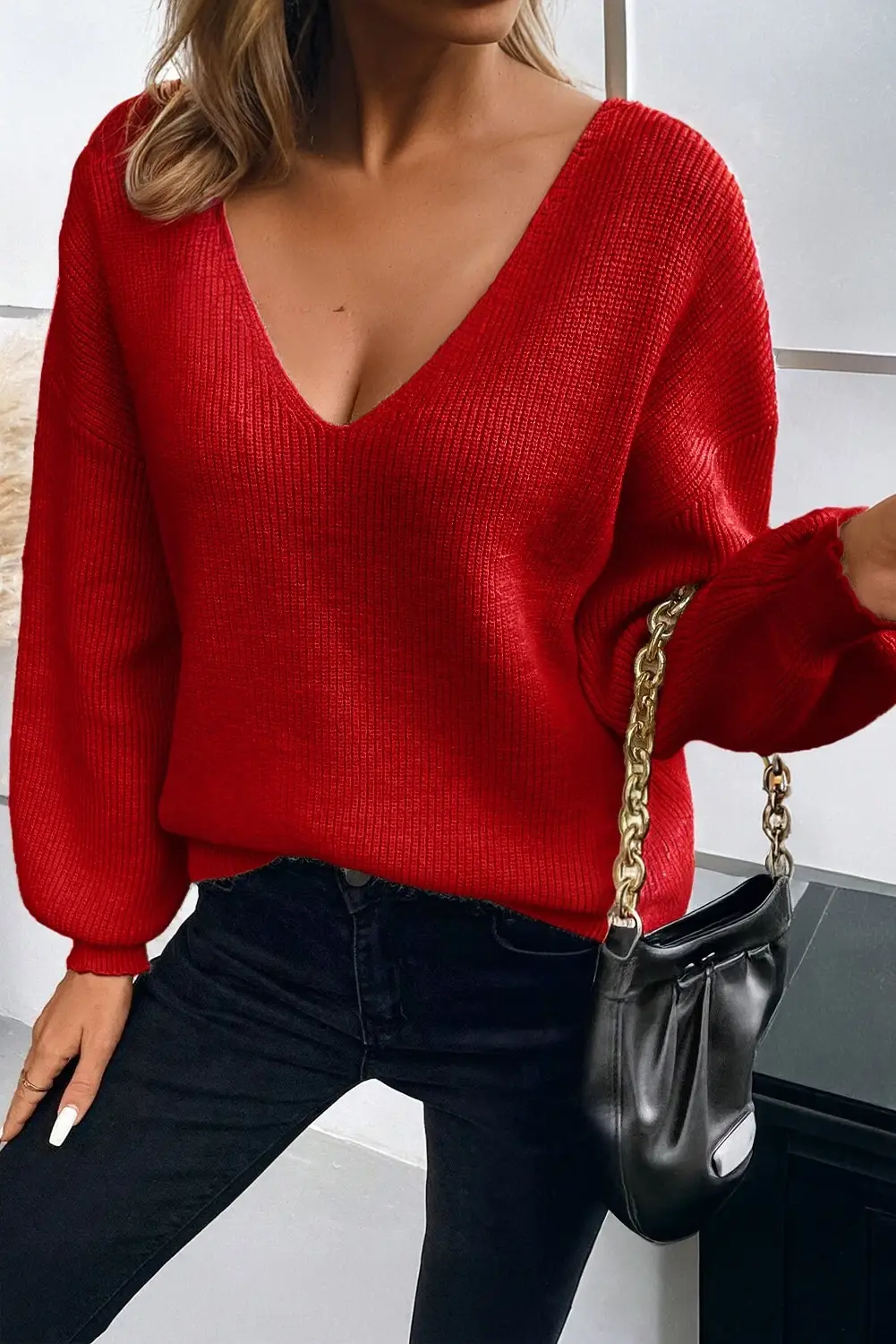 Lovesoft - Wholesale Knit Sweater - Women's - Lantern Sleeve V Neck Knot Back Sweater13