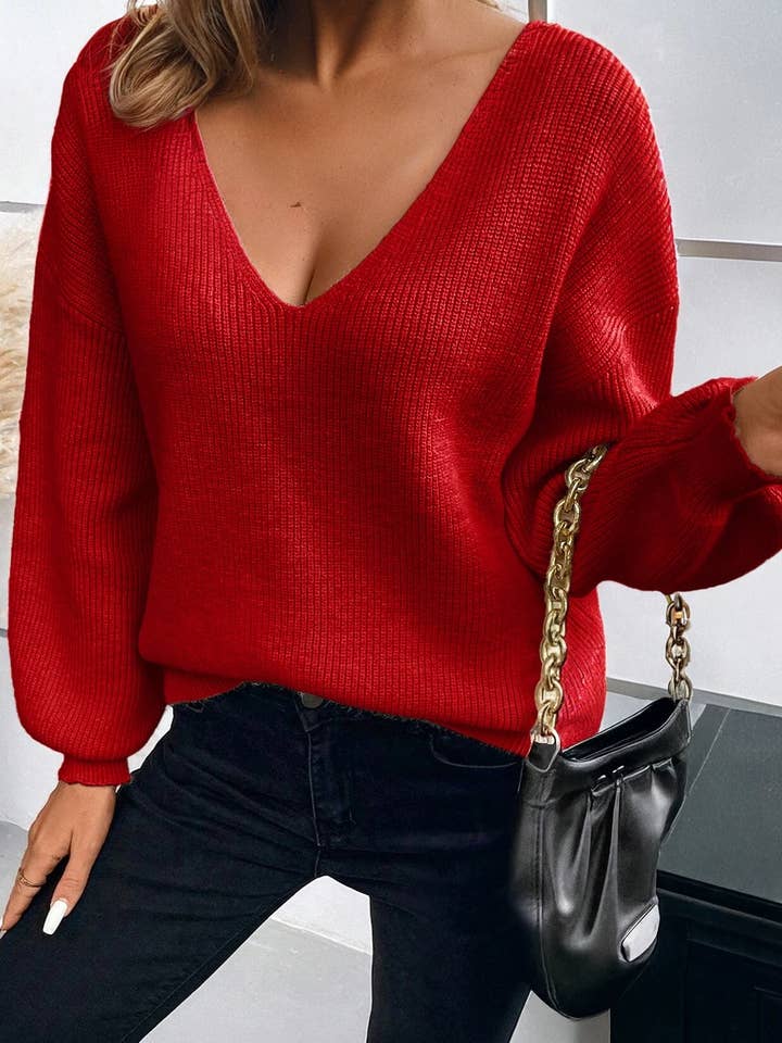 Lovesoft - Wholesale Knit Sweater - Women's - Lantern Sleeve V Neck Knot Back Sweater13