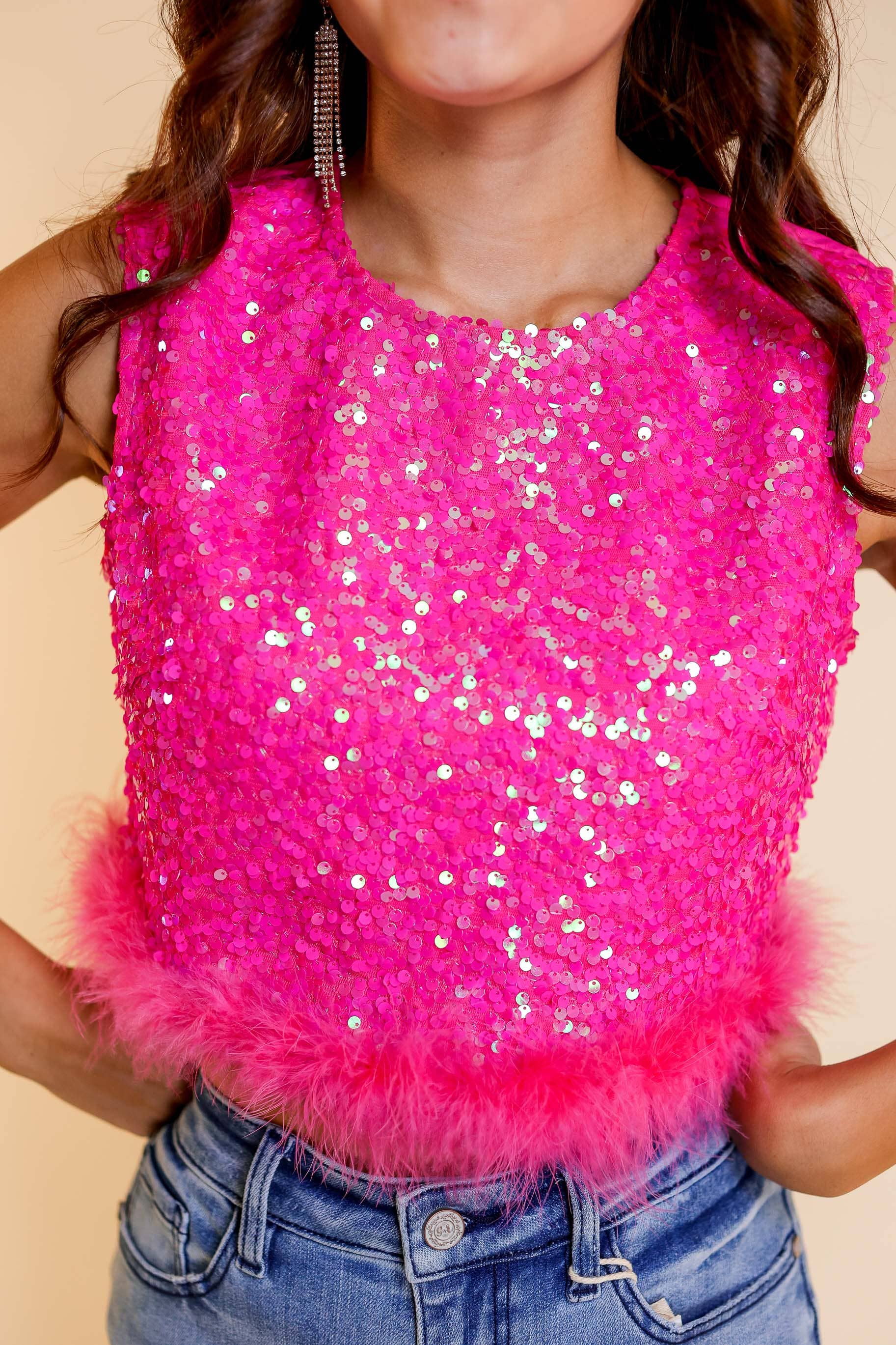 Feather or Not Sequin Crop with Feather Trim, Hot Pink for wholesale on Faire5