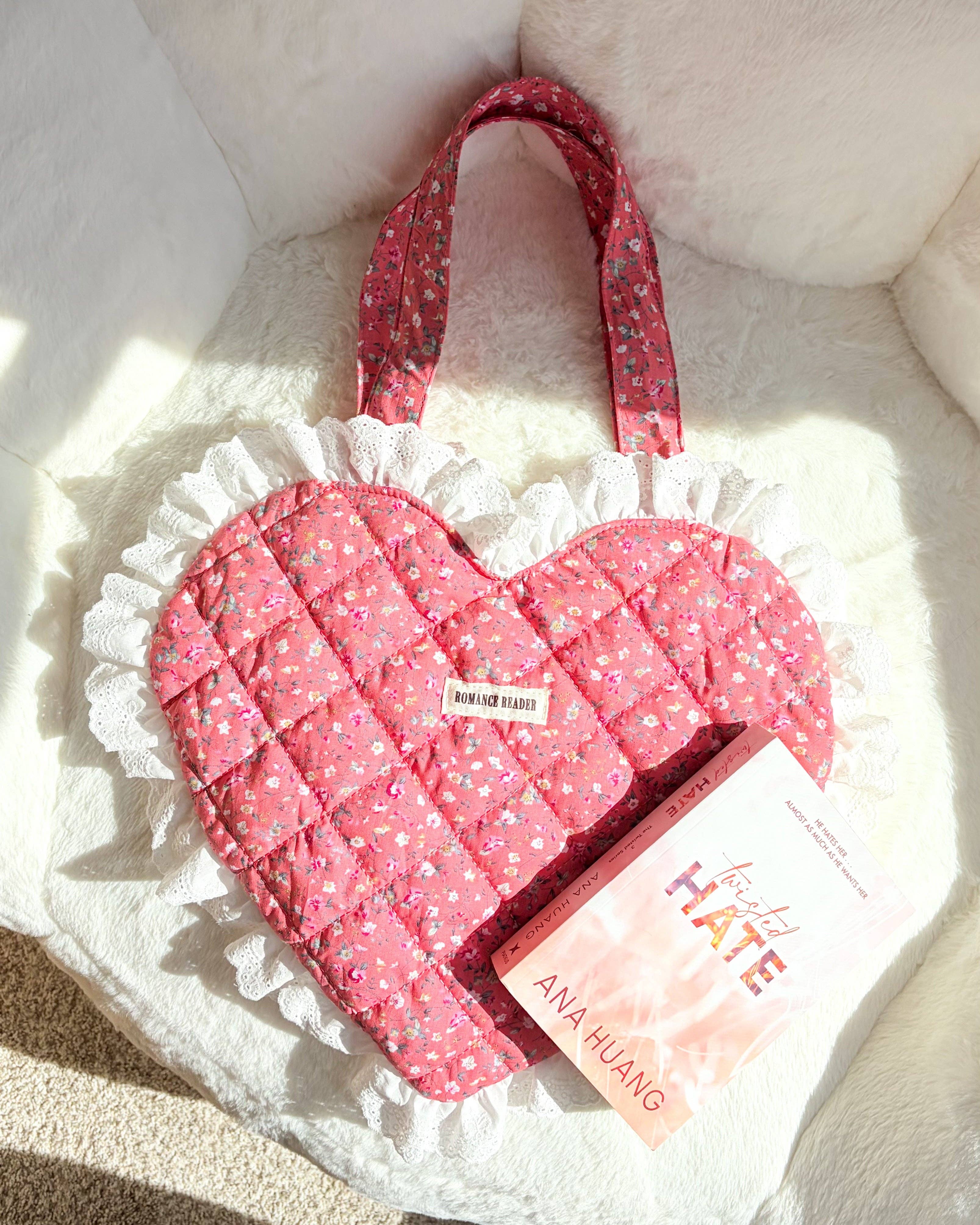 The Bean Workshop - Wholesale Tote Bag - Women's - Romance Reader Red Quilted Heart Tote Bag with Ruffled Lace Trimming8