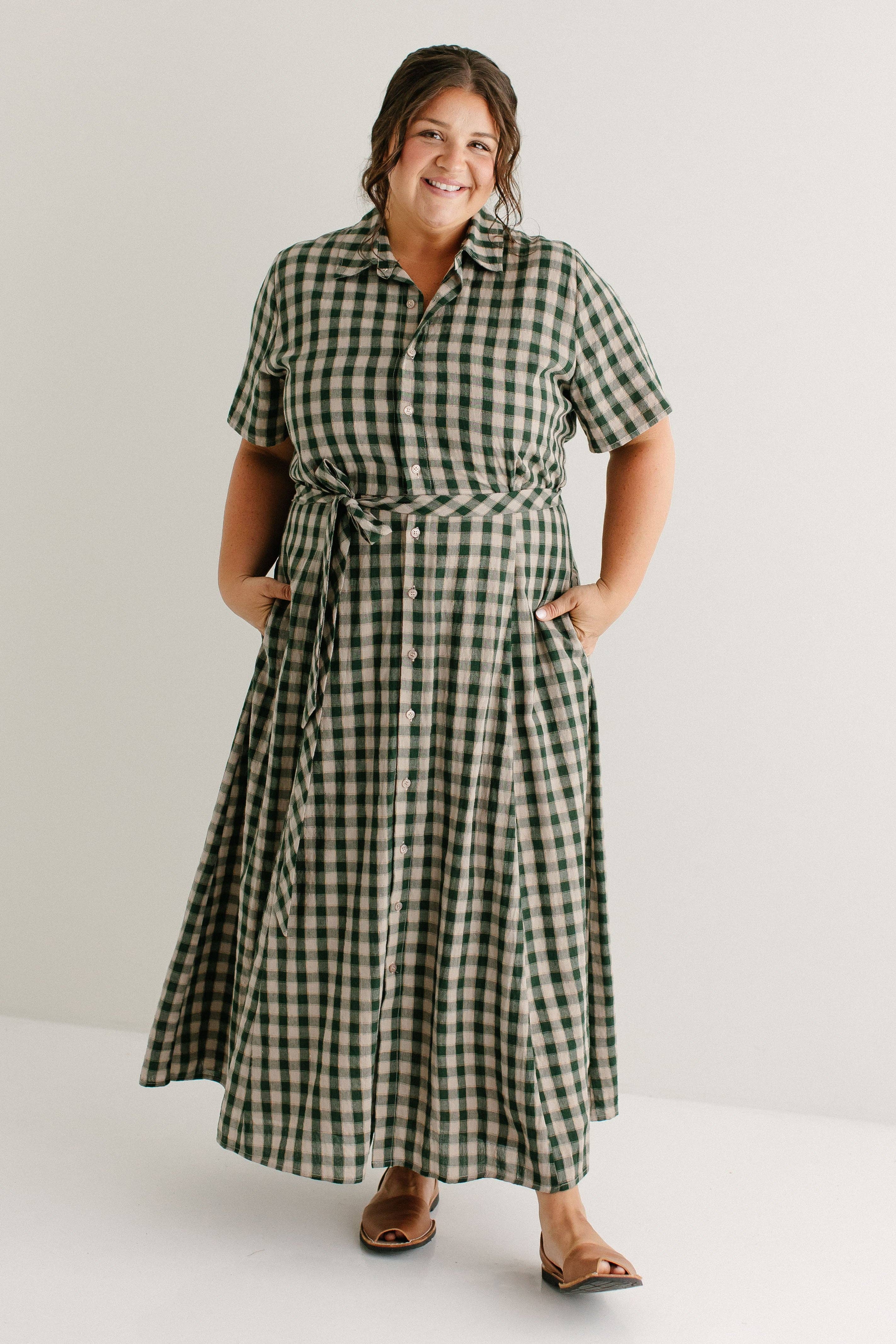 Light Tan 'Mae' Green Gingham A-Line Cotton Shirtdress FINAL SALE for wholesale on Faire13
