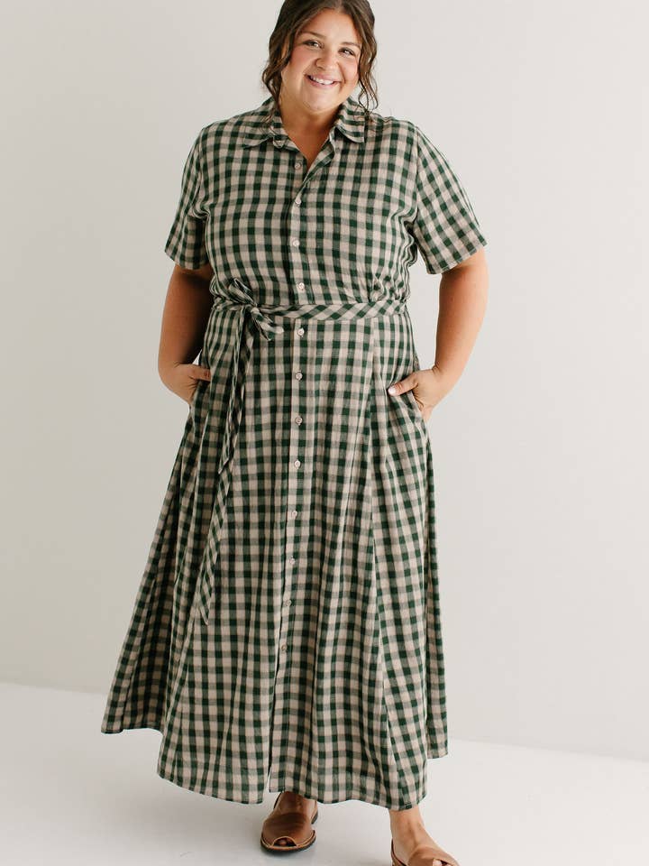 Light Tan 'Mae' Green Gingham A-Line Cotton Shirtdress FINAL SALE for wholesale on Faire13