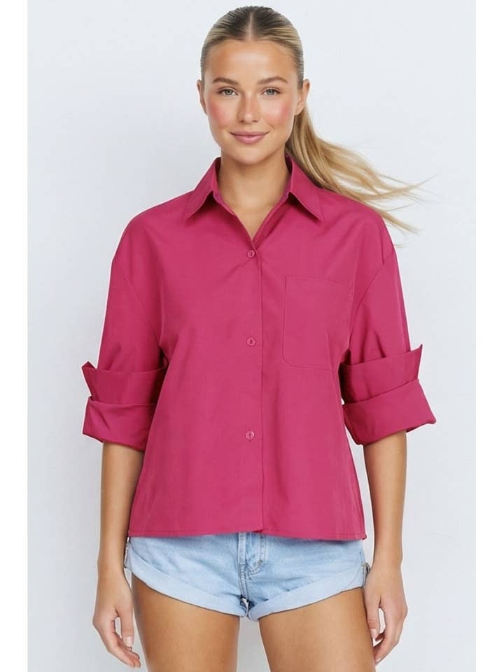 Rolled Sleeve Button Up Blouse for wholesale by Naked Zebra