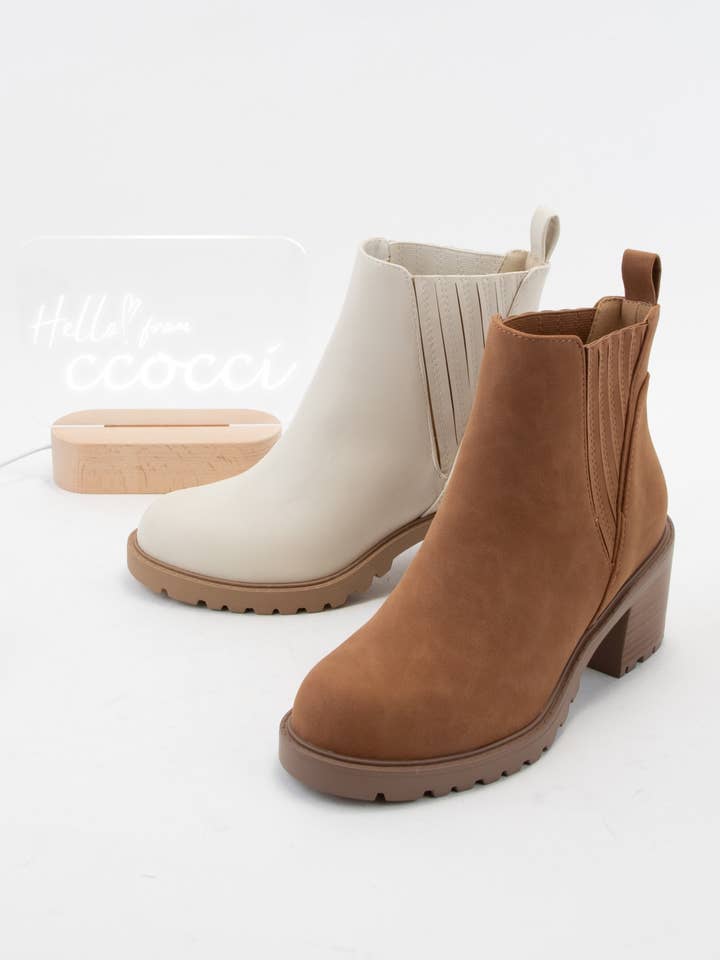BONE PU WISELY CHUNKY BLOCK HEEL PULL ON ANKLE BOOTIES for wholesale on Faire