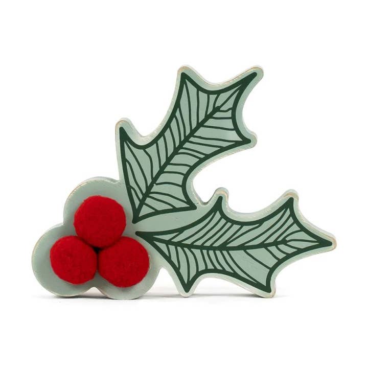 75554 - 6x5x2 chunky wood shape (HOLLY) Christmas Décor for wholesale by Devanie At Home (Formerly Adams & Co.)