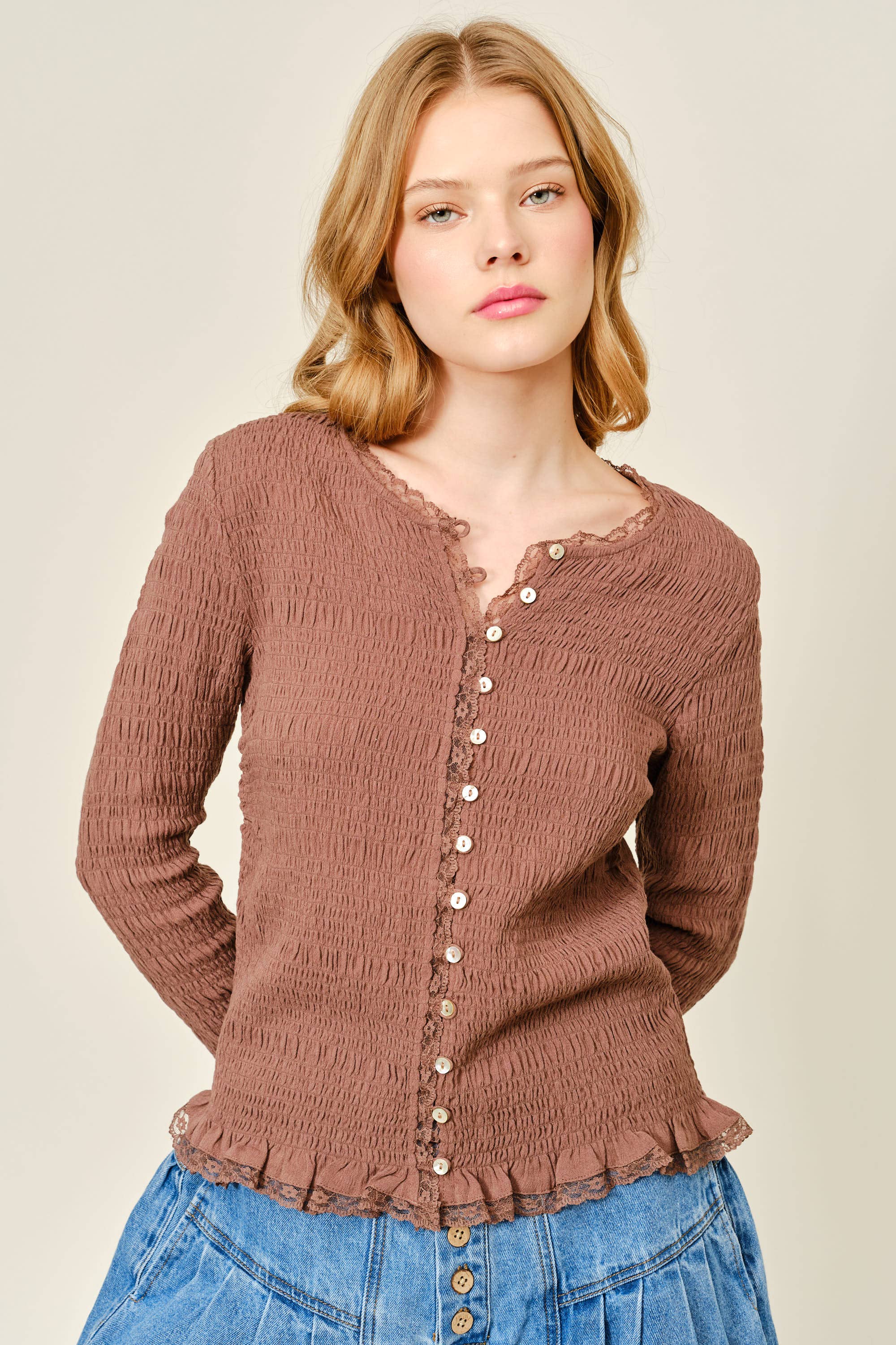 Aaron & Amber - Wholesale Knit Top - Women's - AJT5485 FULL SMOCKED BUTTON DOWN TOP WITH LACE EDGE15