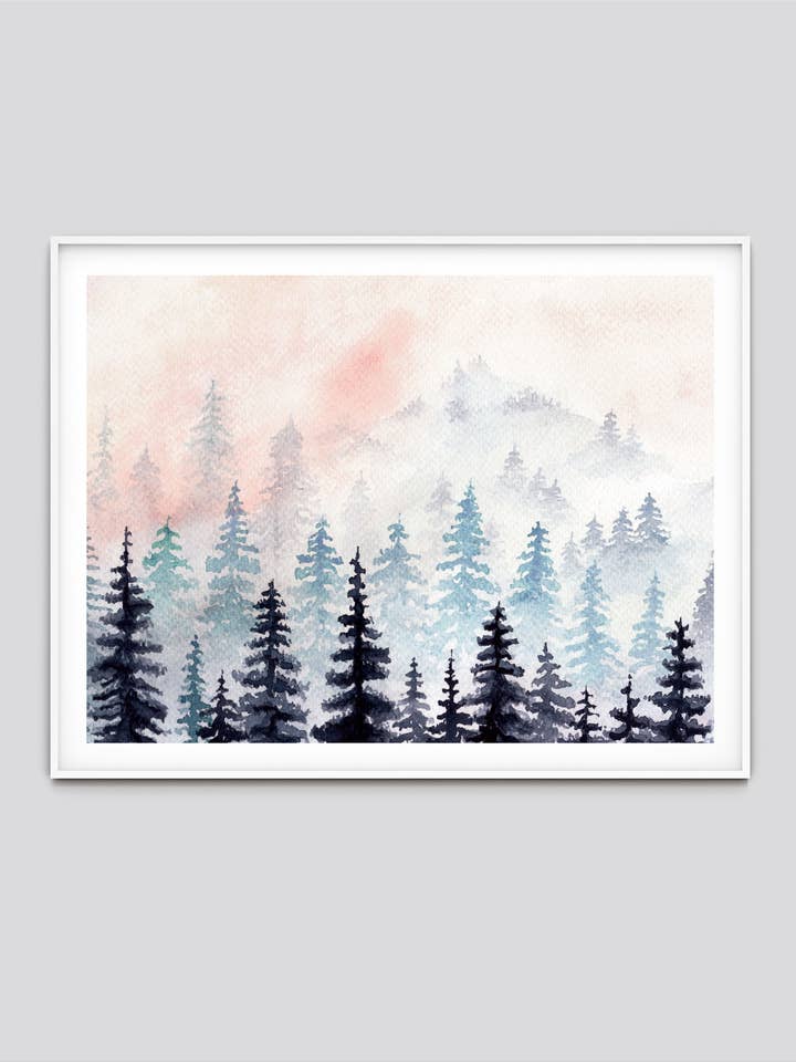 Misty Watercolour Mountain Forest Art Print (Horizontal) for wholesale by Sandpaper Studio