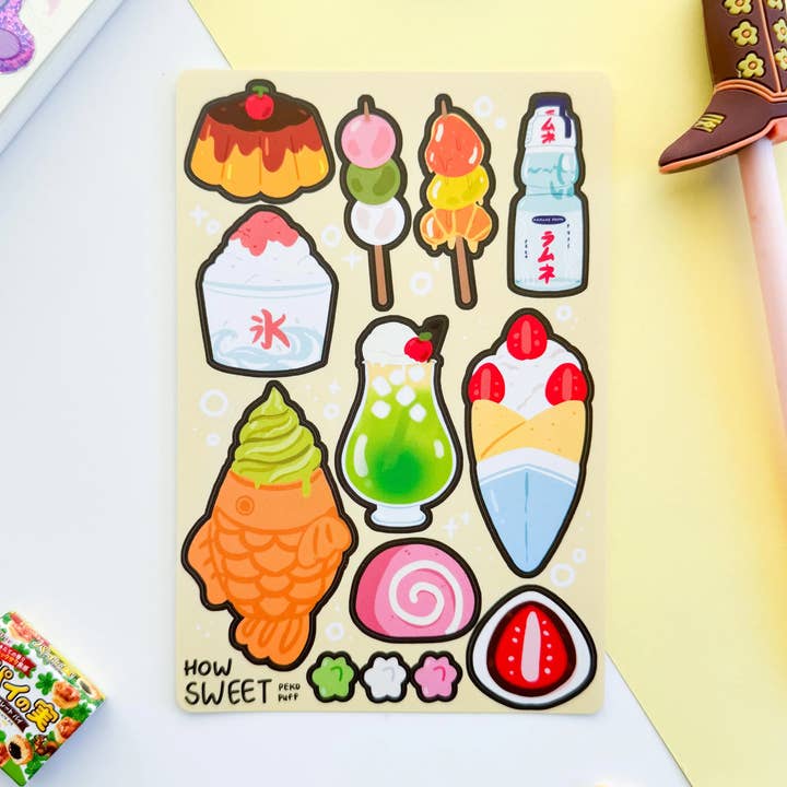 Feuille d'autocollants mate et imperméable de douceurs et desserts japonais pour la vente par PekoPuff