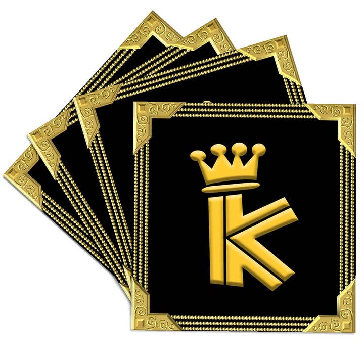 3dRose - Wholesale Coasters - 3dRose, King, queen crown, rich frame. Yellow on black. Alluring letter K, Coaster