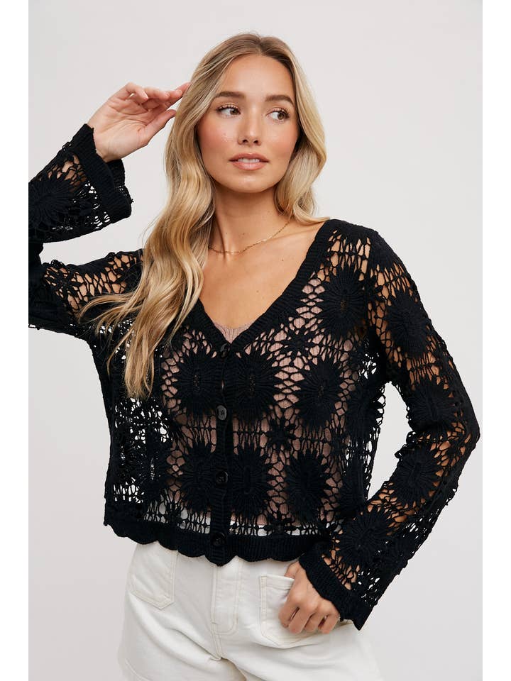Bluivy - Wholesale Cardigan - Women's - SHEER CROCHET BUTTON DOWN CARDIGAN