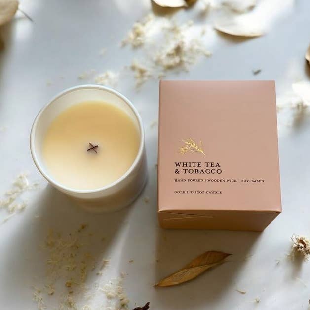 White Tea & Tobacco l Gold Lid Candle & Boutique Box for wholesale by Woodsy Homelife